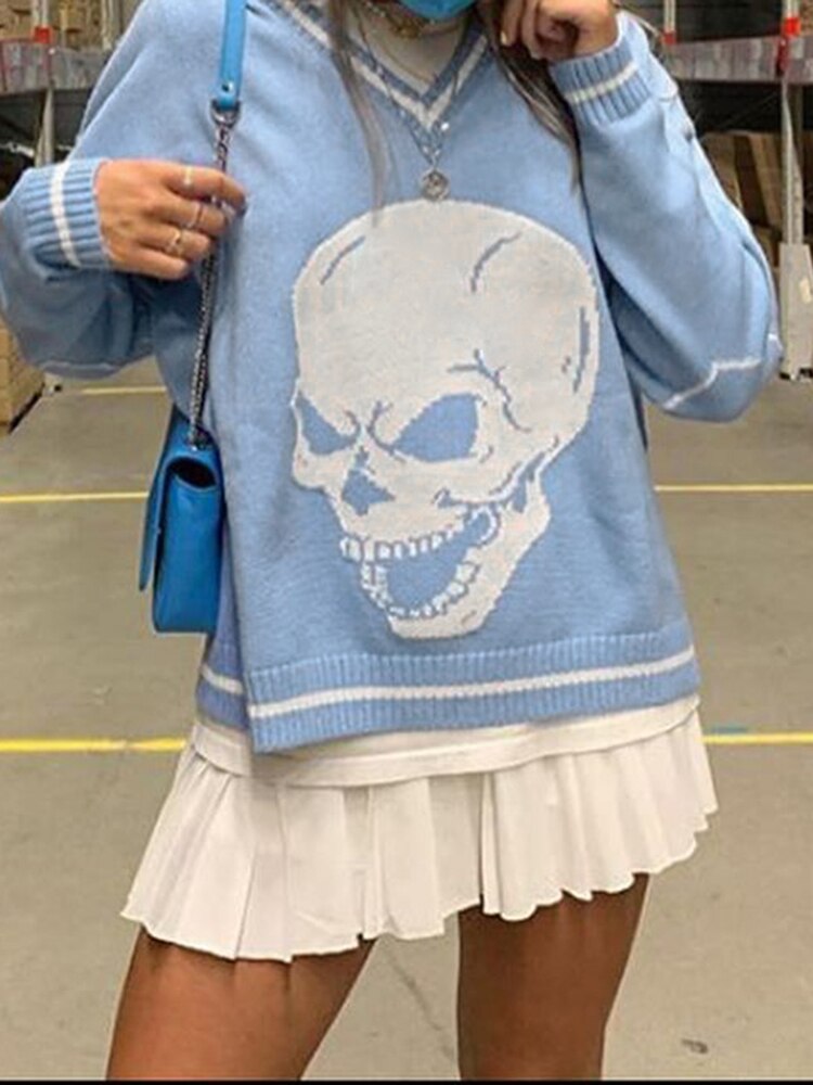 Darlingaga Harajuku Skull Print Y2K Loose Autumn Winter Sweater Women Pullovers Casual Knitwear Jumpers 2023 Korean Sweaters New