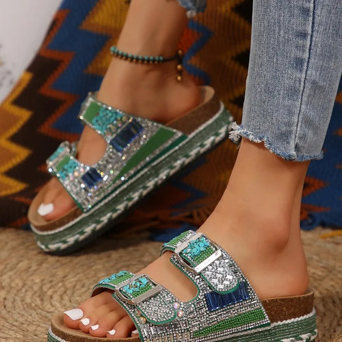 New Women's Rhinestone Thick Sole Twine Double Buckle Sandals, Soft Comfortable Women's Beach Slippers Large size