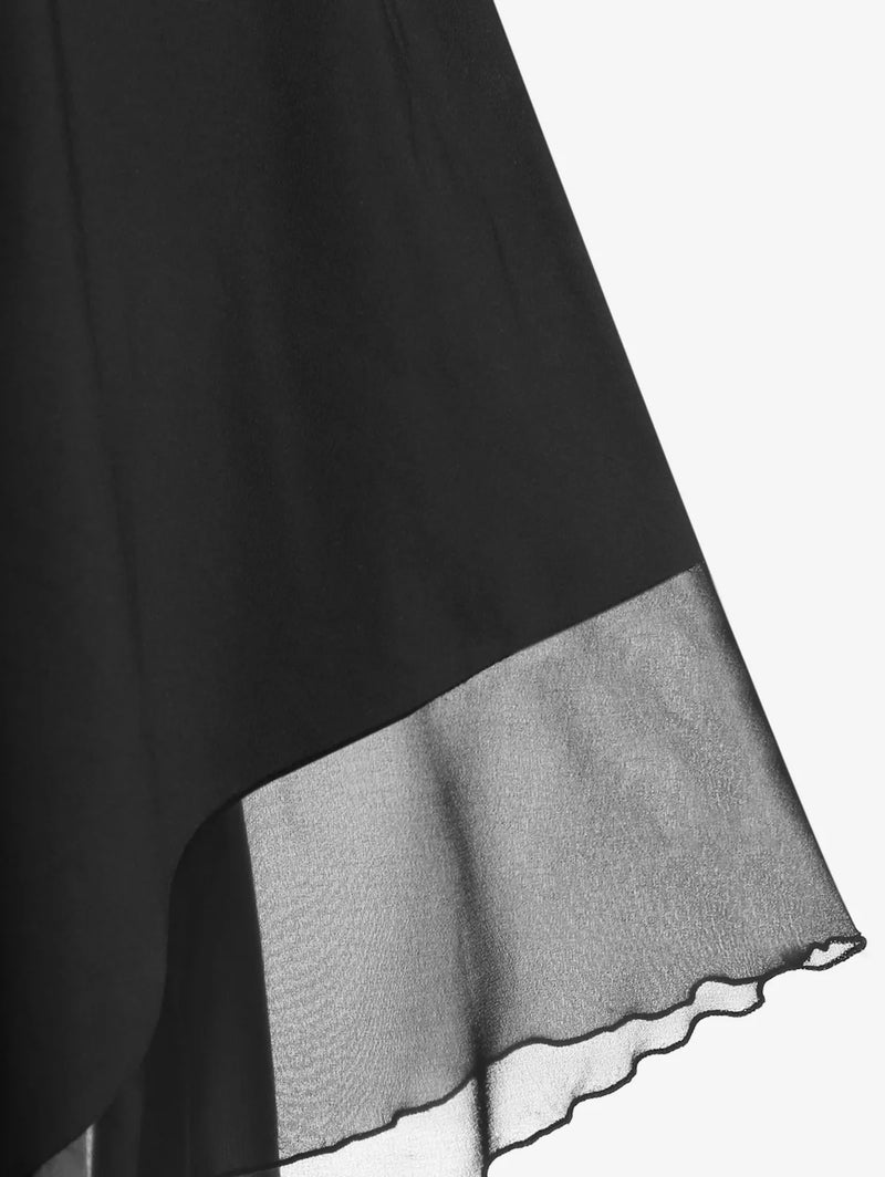 ROSEGAL Gothic Grommet Lace Up Dress Summer S-5XL Black High Waist Cold Shoulder Mesh Handkerchief A-Line Ruffles Dresses