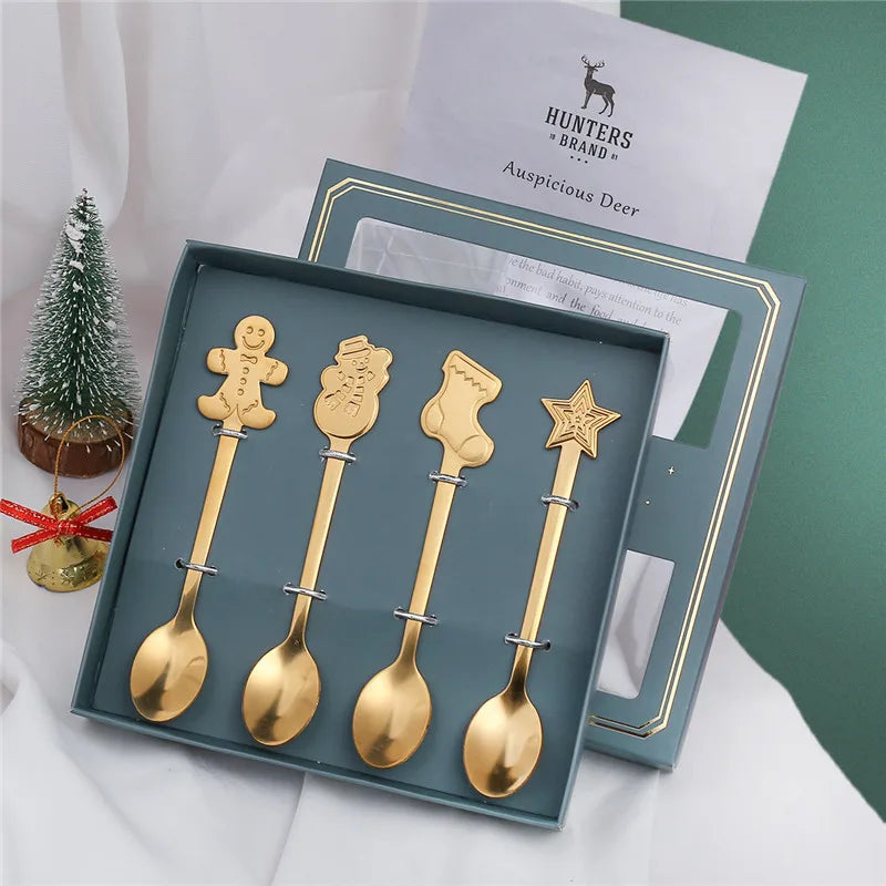 4pcs Navidad 2023 Christmas Gingerbread Man Spoon Stainless Coffee Dessert Spoon Christmas Kitchen Tableware New Year 2024