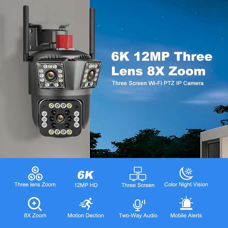 12MP 6K WiFi Security Camera 8X Zoom Three Lens Surveillance Camera Auto Tracking 8MP IP Camera Smart Home Wireless CCTV Camera