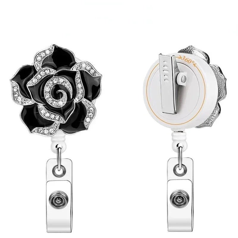 Rose Flower Diamond Badge Reel ID Holders Tag Clip Name Badges Work Pass Card Reels Retractable Lanyard Chest Tag Clip Reel