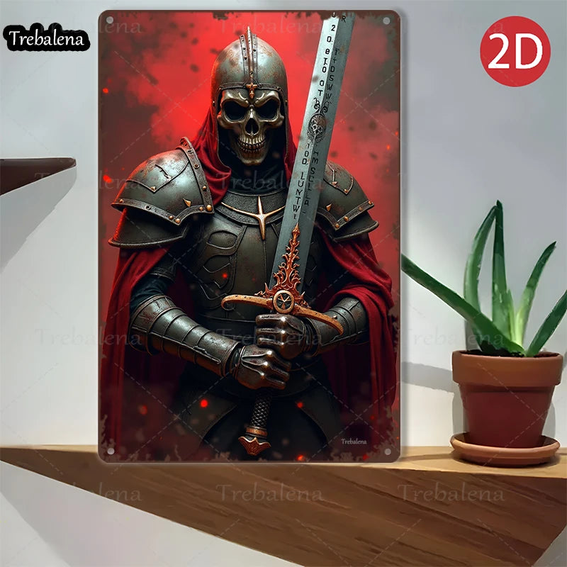 1PC 2D Flat 8*12inch Metal Sign Skull Knight with Sword Medieval Warrior Art Decor
