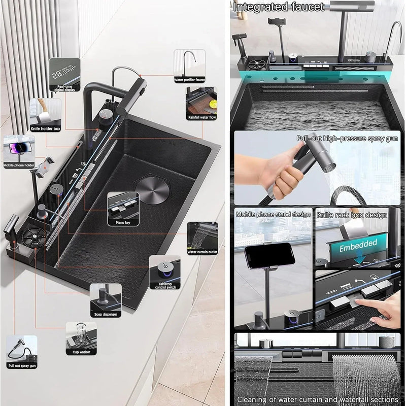 Large Single Slot Kitchen 304 Stainless Steel Waterfall Sink,  Digital Display Embossed Washing Basin Household  washing Sink