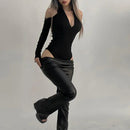 2025 Summer Female T-Shirts Long Sleeve T-Shirts Women Sexy Black Halter Backless Tops New Trendy Girls Designer Ruched Clothes