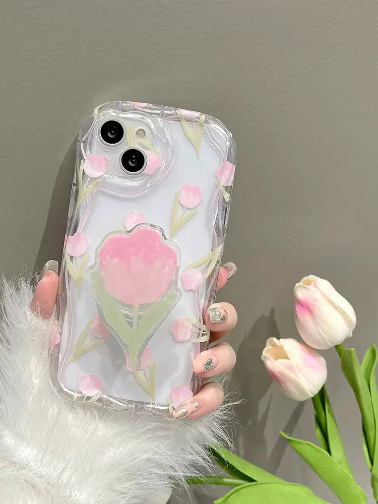 Phone Case For Samsung S22 Ultra S24 S23 Plus S21 S20 FE M54 A35 A05 A15 A04 A04E A14 A24 A34 A54 Tulip Grip Holder Wave Cover