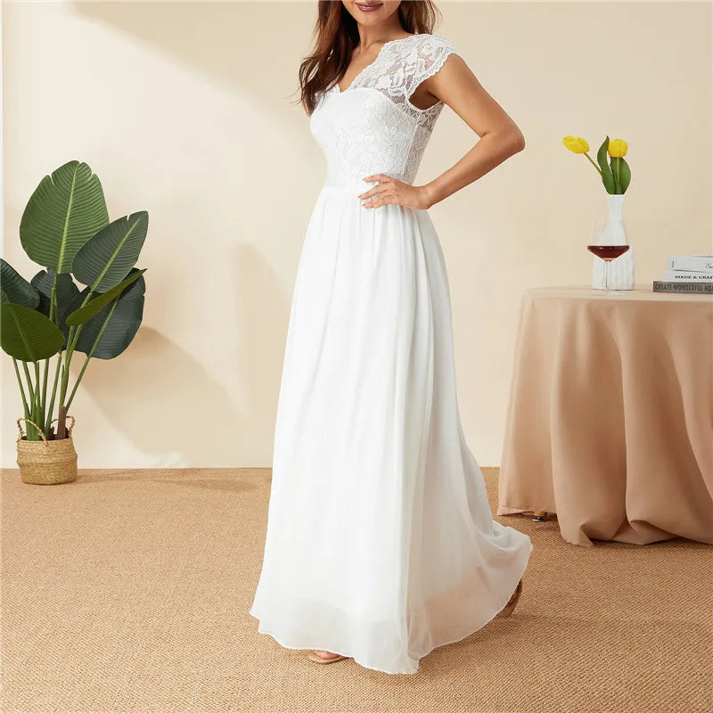 Women Elegant Maxi Long Evening Dress Solid Color Lace Patchwork Backless V Neck High Waist Dress Wedding Party Bridesmaid