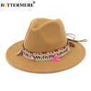 BUTTERMERE Damen Fedora Hut Wolle Khaki Jazz Hüte Weiblich National Lässig Große Krempe Vintage Herbst Klassischer Filzhut und Mütze 2022