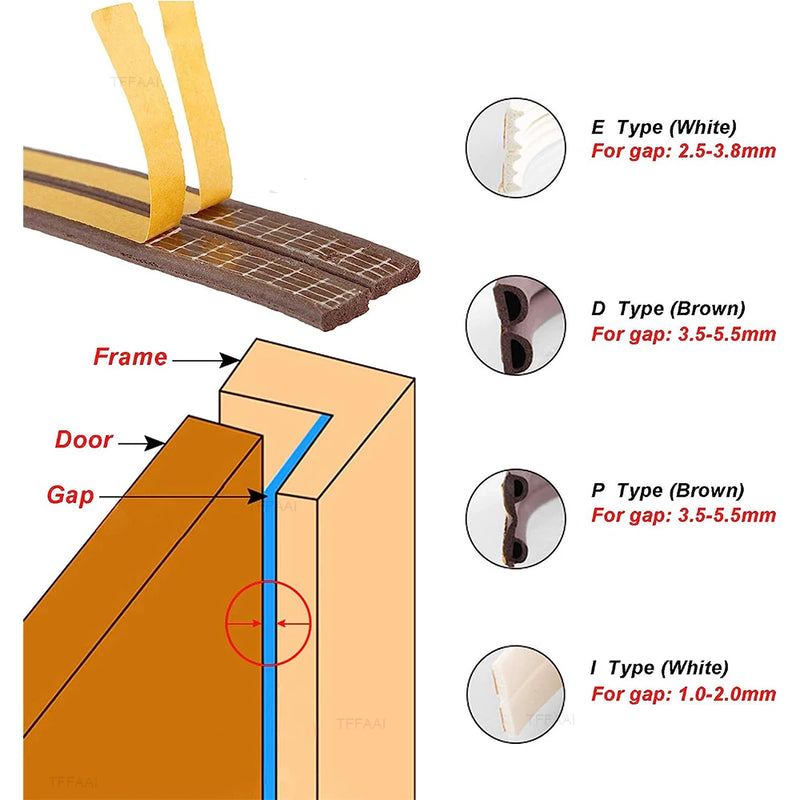 6M/12M Door Window Seal Strip DIEP Self-adhesive Acoustic Foam Sealing Strip Tape Insulation Windproof Rubber Weatherstrip