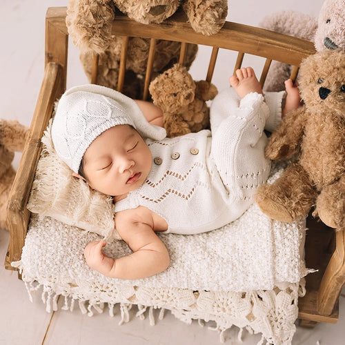 Babyfotografie Gestrickte Kleidung Süße Bärenpuppen Baby Quastenkissen Decke Foto Requisiten Neugeborenes Foto Strampler + Mütze Kostüm