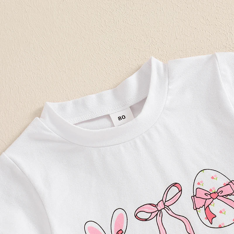 Adorable Toddler Girl Easter Outfit with Bunny Print Short Sleeve Crew Neck Tops and Double Layered Tulle Bow Skirt - 2 Piece