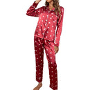 Damen-Pyjama-Set aus langärmeligem Hemd mit rotem Satinstreifen und Herzchenmuster und langer Hose