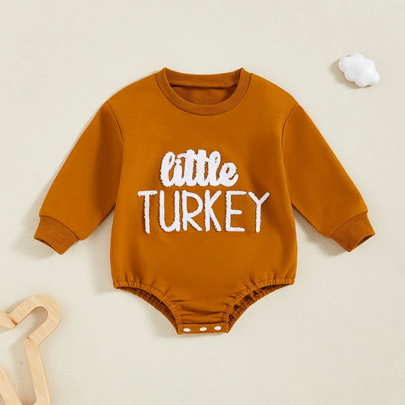 Thanksgiving Baby Romper with Embroidered Turkey Design and Cozy Long Sleeves for Fall Festivities and Family Gatherings