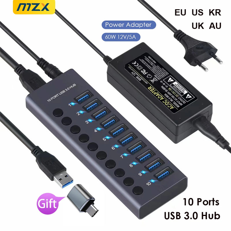 MZX USB A 3.0 Hub Aluminum Multi Ports Splitter Concentrator Quick PD Charger Power Adapter C Multiple Expander Hubs With Switch