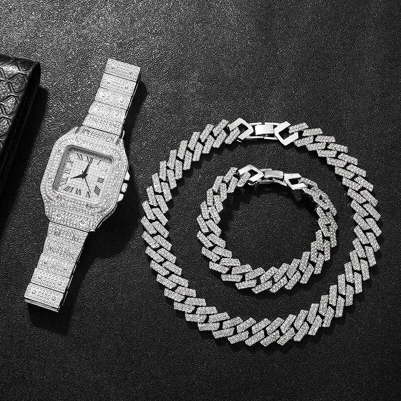Necklace+Watch+Bracelet Iced Out Watch For Men Hip Hop 14MM Prong Cuban Chain Rapper Cuban Necklaces Set Punk Party Jewelry Gift