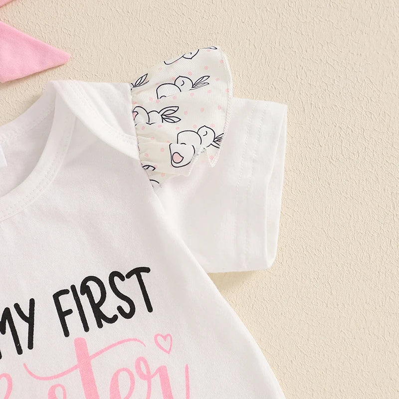 Adorable Baby Easter Outfit with Bunny Print Romper Ruffled Shorts Headband and Long Socks - 4 Piece Set for Your Little Girl
