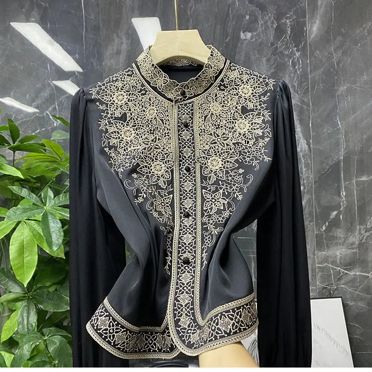 Blouse female European and American embroidery stand-up collar long-sleeved heavy imitation silk mulberry shirt women autumn