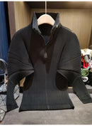 Miyake Pleated Sweatshirt Pit Stripe Zipper Standing Collar Jacket Women 2025 New Casual Pullover Hundred Pleat Skinny Tops