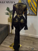 CM.YAYA 2025 Fall Women Long Sleeve Stacked Mesh See Though with Lining Bodycon Long Dress Evening Birthday Sexy Party Dresses