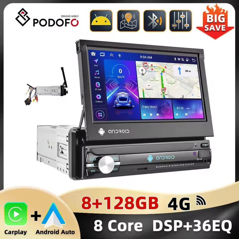 Podofo 1Din 7 ''Car Multimedia Player 8 + 128G 8Core Car Radio Carplay Android Car WIFI GPS Navigation Retractable Screen Stereo