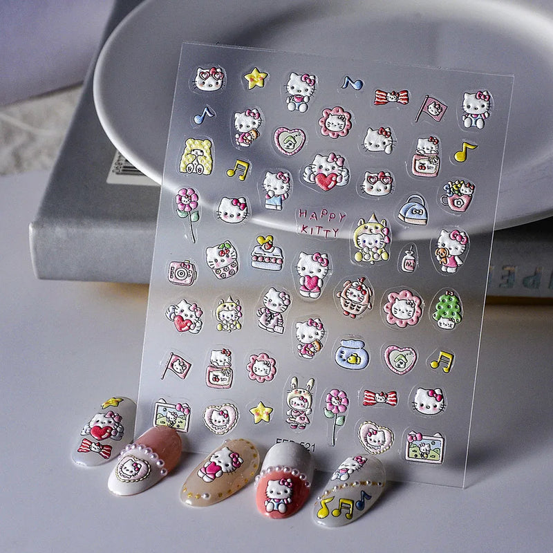 1PCS 5D Cartoon Kuromi Hello Kitty Nail Stickers Sanrio Animation Nail Art Decoration Sanrio Cute Melody Embossed Stickers