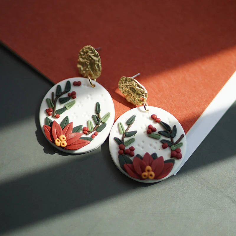 Handmade Crafts Molded Floral Christmas Holiday Multi Colors Shapes Wreath Polymer Clay Pattern Dangle Earrings Sets Jewelry