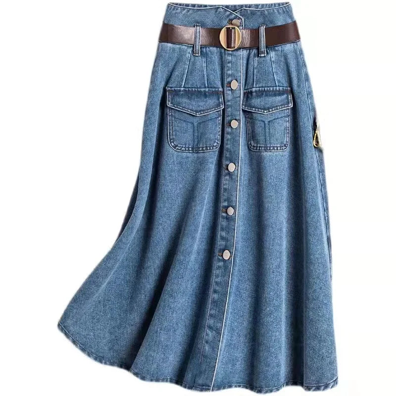 2023 Korean Style Spring-Summer New Type Skirt Women's Fashion Commuter Single-Breasted Belt Denim Skirt