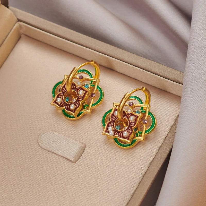 Ethnic Chinese Colorful Enamel Earrings for Women Retro Design Gold Plated Flower Shaped Multiple Wear Ways Luxury Jewelry Gifts