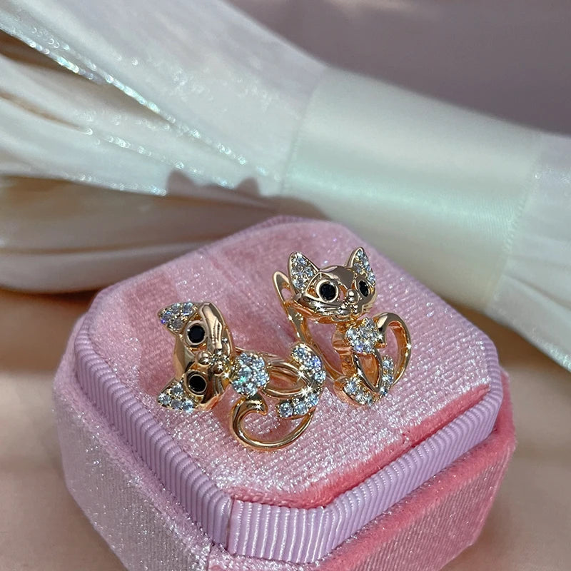 SYOUJYO Fashion Retro Cute Kitten Earrings For Women 585 Rose Golden Natural Zircon Micro Wax Inlaid Daily Party Fine Jewelry
