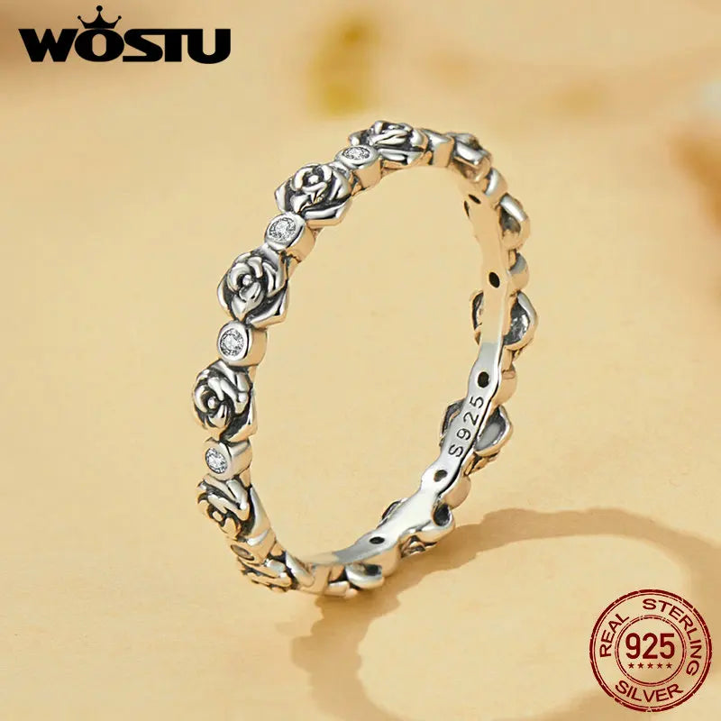 WOSTU 925 Sterling Silver Elegant Roseflower Band Rings For Women Paved Shiny Zircon Party Ring Special Jewelry Gift For her