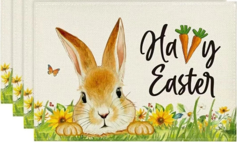 2024 Easter Rabbit Table Runner Linen Bunny Dining Table Cloth Placemat Spring Holiday Happy Easter Decoration For Home Kitchen