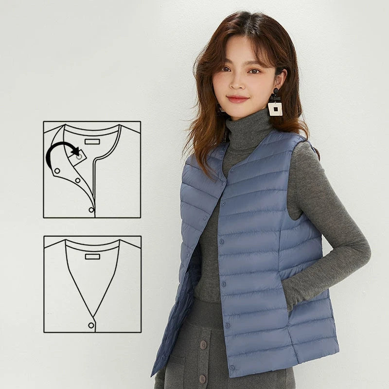 Women Sleeveless Puffer Vest Women's Ultra Light Down Vest Women Two Ways Waistcoat Portable Warm Sleeveless Winter Liner