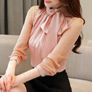 2022 New Summer Fashion Tunic Women Blouse Shirts Long Sleeve Tie Bow Chiffon Turtleneck Formal Women White Black Shirts