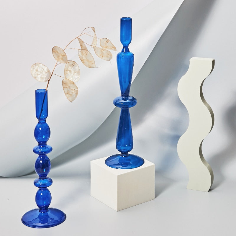 Blue Glass Candle Holder Candlesticks for Wedding Birthday Holiday Home Decoration Morden Decorative Glass