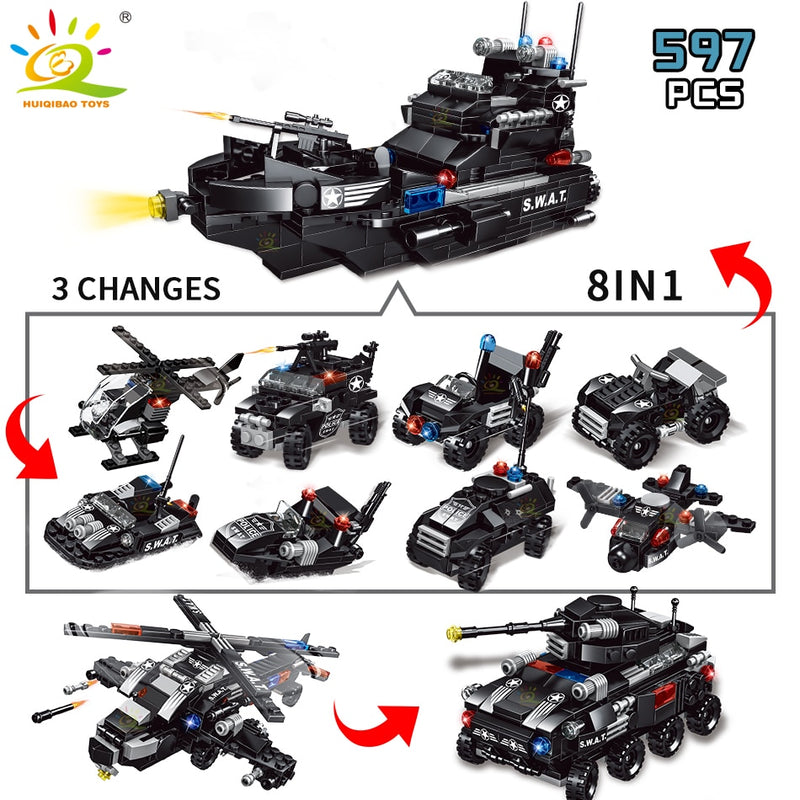 HUIQIBAO SWAT Police Ship 597pcs 8in1 Building Blocks Set City Truck Brick with Policeman Construction Toys for Children Boy