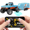 Mini RC Monster Truck with Lights & Trailer Remote Control Truck USB-C Rechargeable Adjustable Speed/Steering Children Toy Gift
