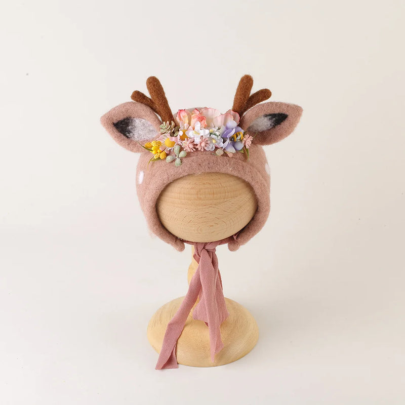 Newborn Wool Felt Fox Flower Bonnet Newborn Photography Props Baby Animal Floral Garden Hat Photo Shoot