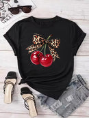Neck Casual Tops for Summer Spring Women's Clothing Fashion Cherry Print Women T-Shirt Short Sleeve Crew