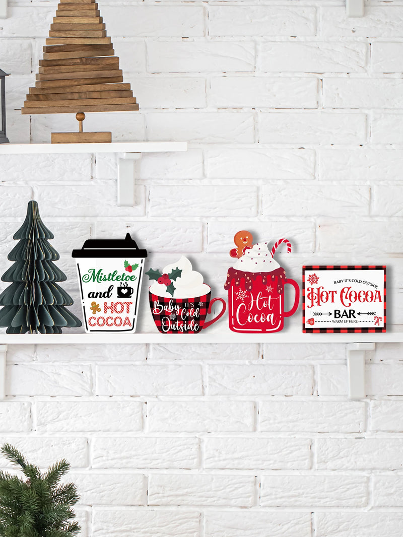 Putuo Decor 4pc Christmas Table Decor, Christmas Hot Cocoa Sign, Desktop Wooden Sign for Tiered Tray Farmhouse Table Christmas