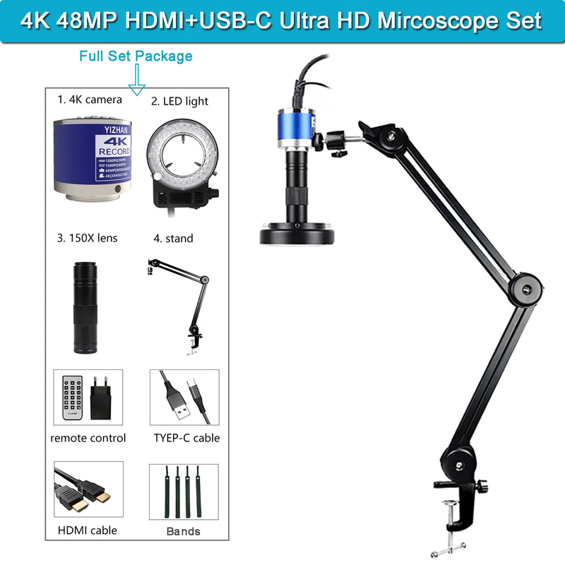 Yizhan Full HD Digital Mircoscope 4K 2K HDMI USB VGA Mircoscope C-Mount Digital Camera 1-150X Zooms For Repair Image Acquisition