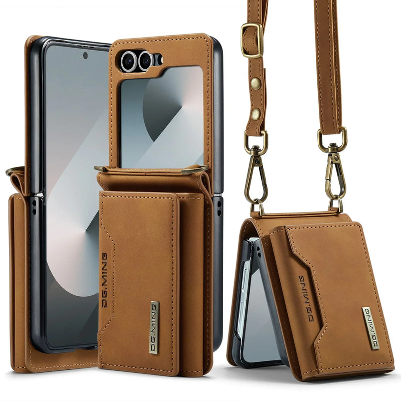 Crossbody Leather Cover Wallet Phone Case For Samsung Galaxy Z Flip 6 5 4 3 Flip5 Flip6 Cards Slot Purse Triple Fold Bag Shell