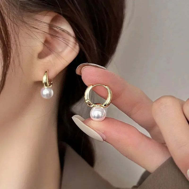Luxury Pearl Studs Hoop Earrings for Women Charm Gold Color Eardrop Minimalist Korean Dangle Earring Wedding Jewelry Accessories