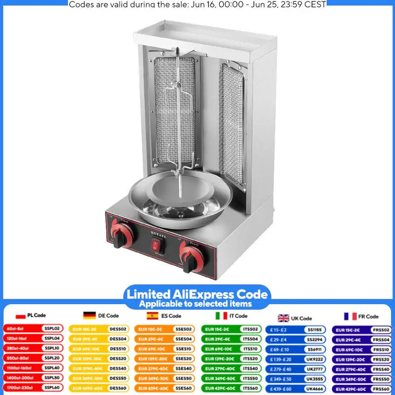 Doner Grill 3000 W LPG Kebap Grill 220 V Gas Doner Kebab Machine for Chicken Turkey Tacos Kebap, Stainless Steel, Black