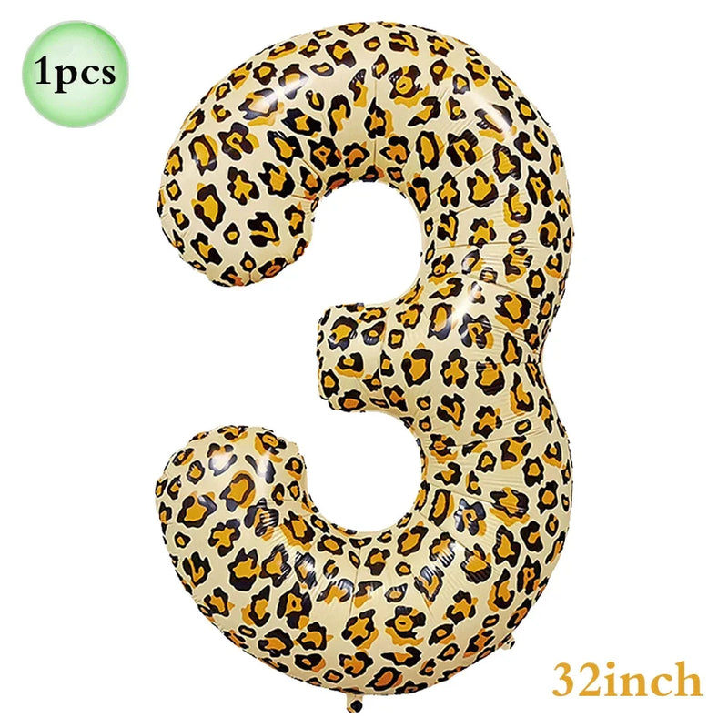 Jungle Safari Birthday 32Inch 1-9 Numbers Leopard Foil Balloon Land Animal Tiger Zebra Giraffe Disposable Tableware Party Decors