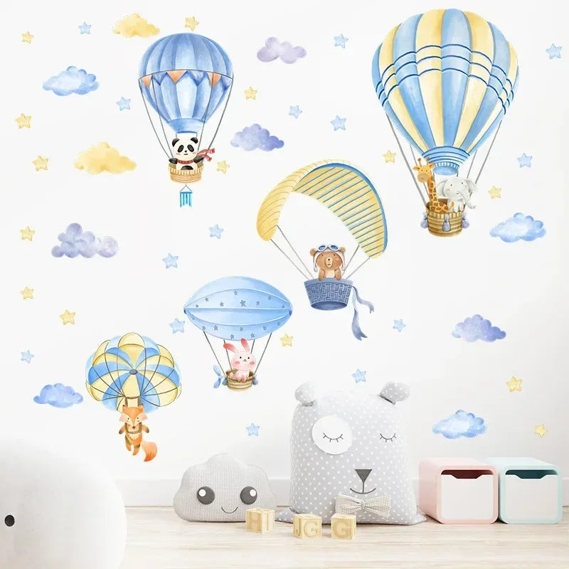 Blue Watercolor Animals Hot Air Balloon Wall Stickers for Kids Room Baby Nursery Room Wall Decor Wall Decals Boy Room Stickers