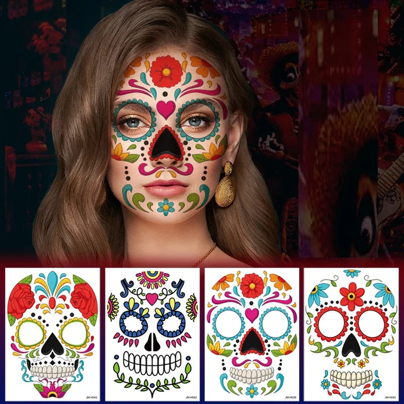 1Sheet Waterproof Sweatproof Day of the Dead Masquerade Spooky Makeup Temporary Stickers Halloween Face Tattoo Stickers