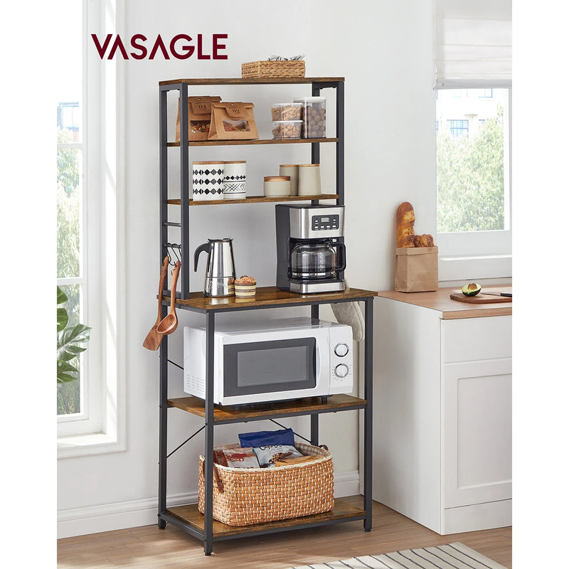 VASAGLE Kitchen Storage Rack, Coffee Bar, Baker s Rack, Total 6 Shelves and 6 Hooks, for Microwave, Steel Frame, 40 x 60 x 167cm