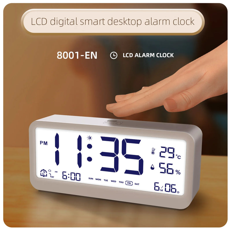 8001-EN Multifunctional Digital Clock LED Brightness Adjustable Temperature Humidity Displaying Alarm Clock with Dual  Modes