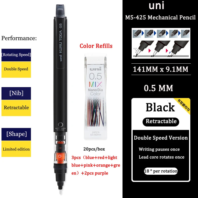 Uni Mechanical Pencil M5-452 Kuru Toga 0.5MM Breakproof Lead lapicero lapices portaminas with Eraser School Student Stationery