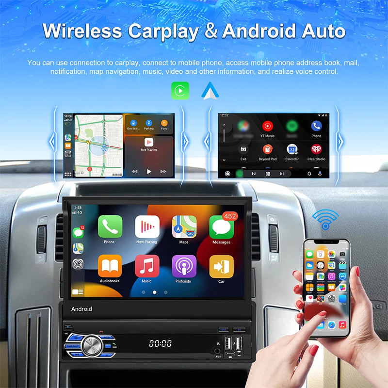 Podofo 4Core 1Din Android Car Stereo 7 ''Retractable Screen Car Radio Carplay Android 2 + 64G Mirror Link GPS WIFI Car Audio